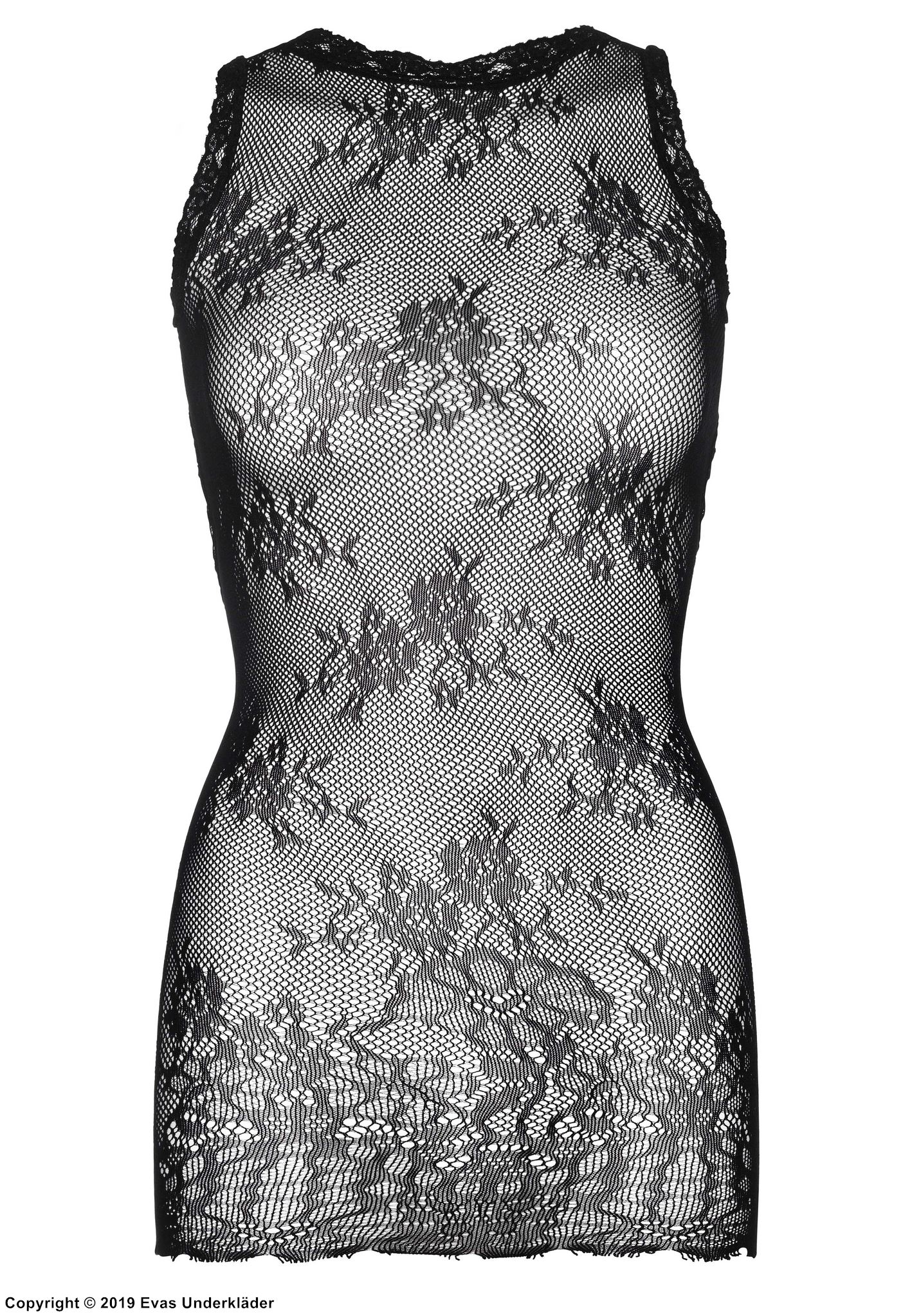 Night mini dress, sheer mesh, lace edge, flowers, plus size